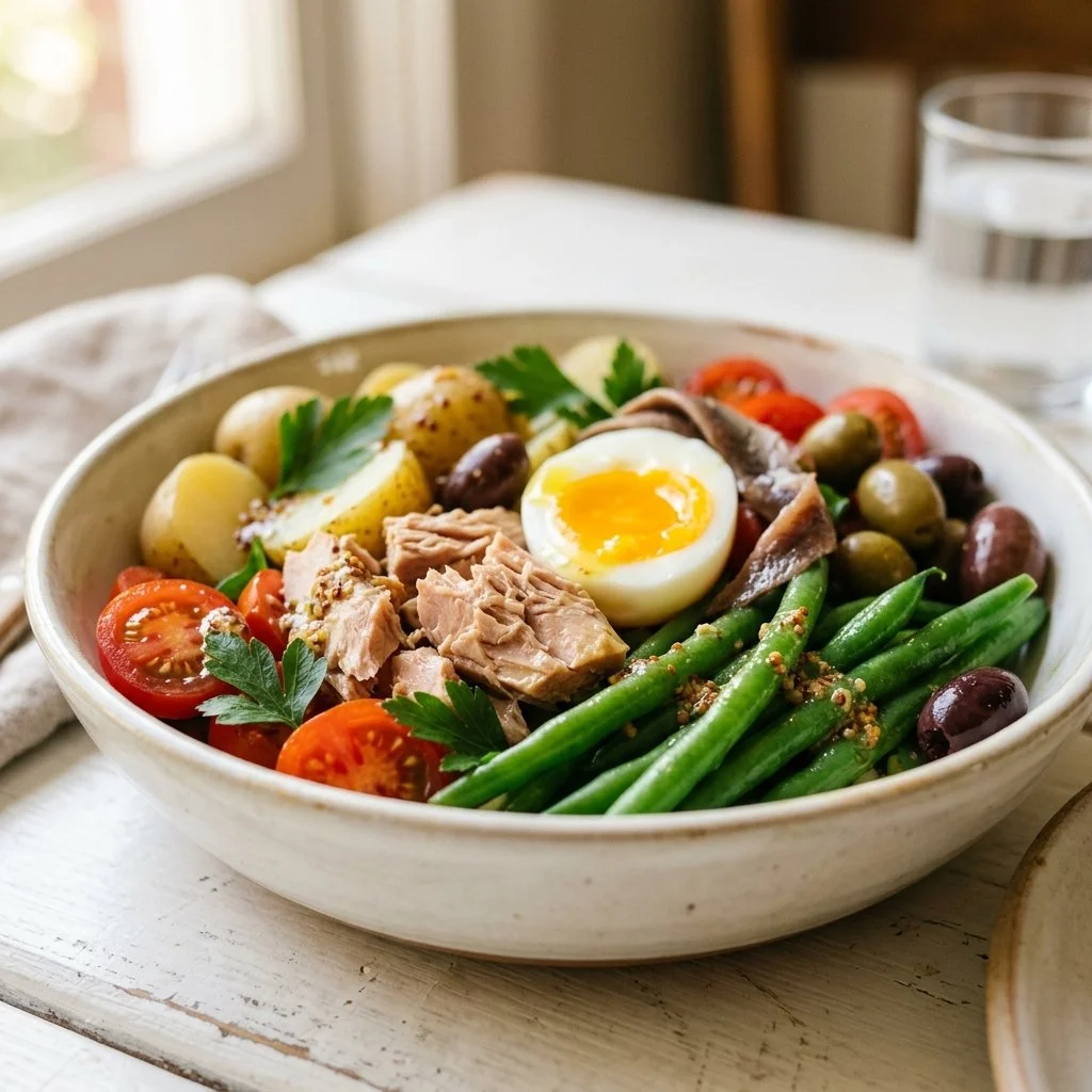 A beautifully plated Nicoise Salad with fresh vegetables, tuna, and olives.