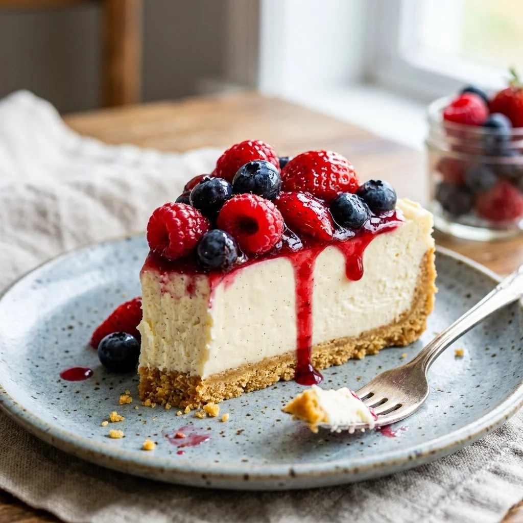 Delicious no bake cheesecake topped with fresh berries