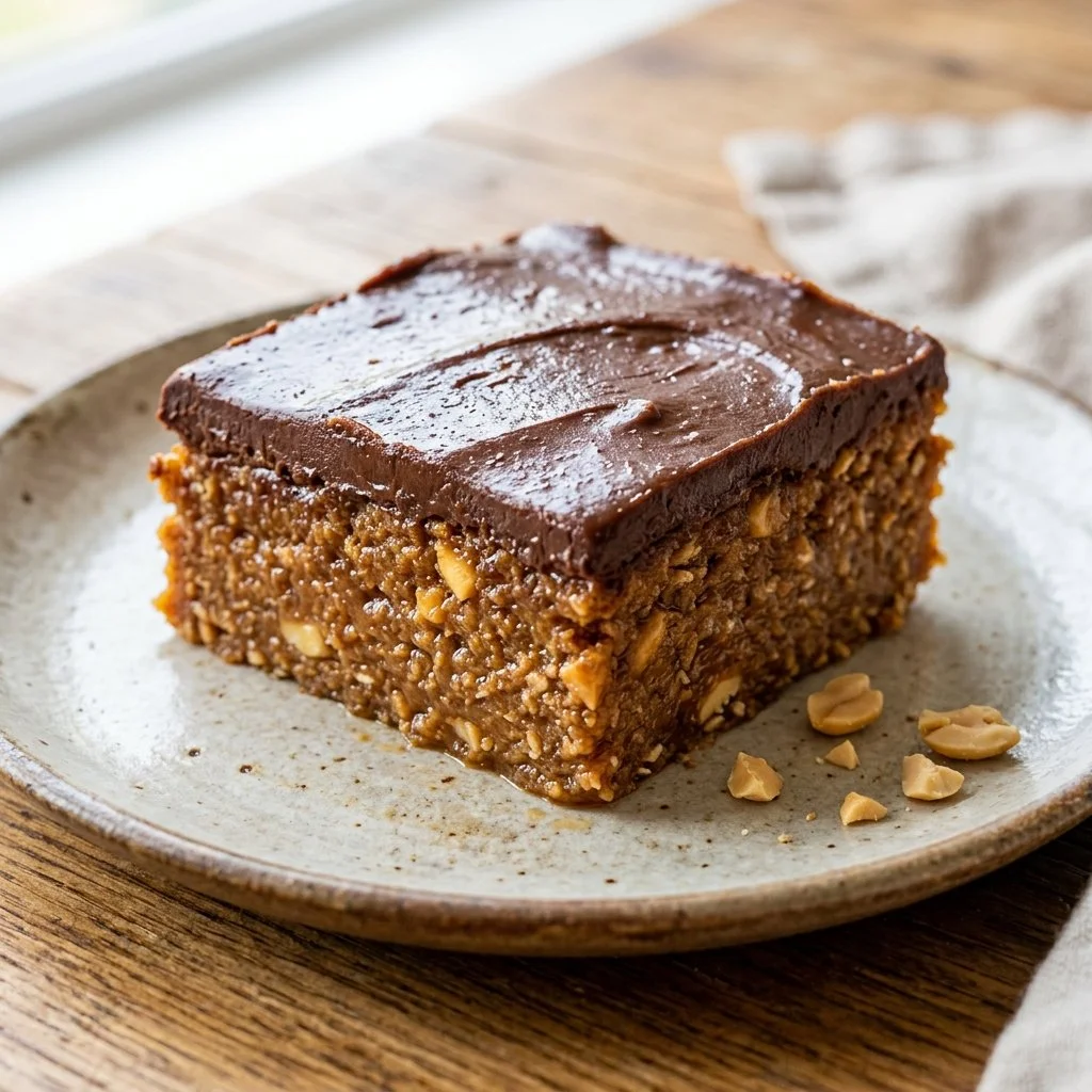 Delicious no bake peanut butter bars stacked on a plate, topped with chocolate.