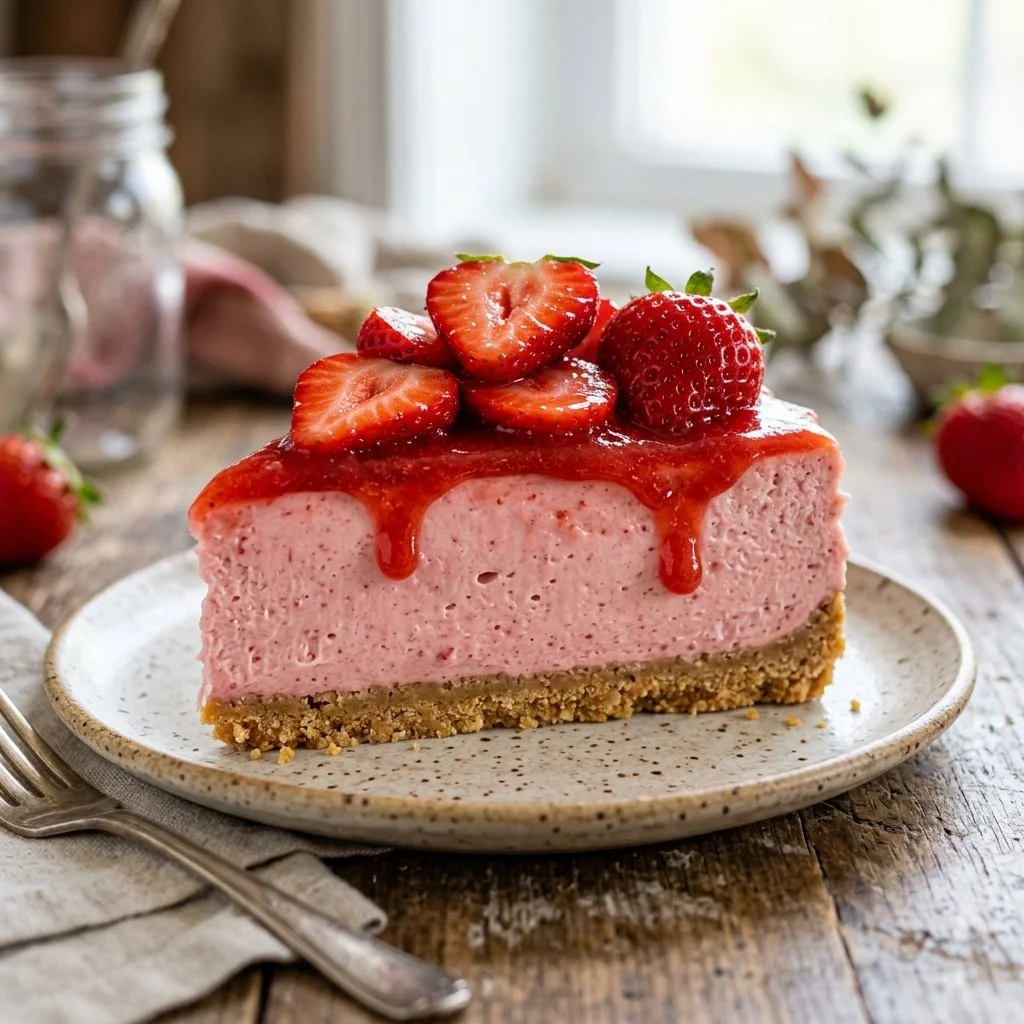 No bake strawberry cheesecake topped with fresh strawberries