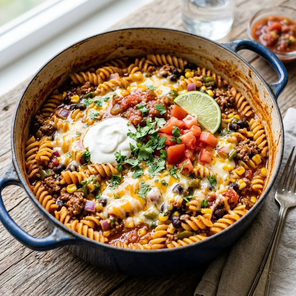 One pot taco pasta dish with colorful toppings in a serving bowl