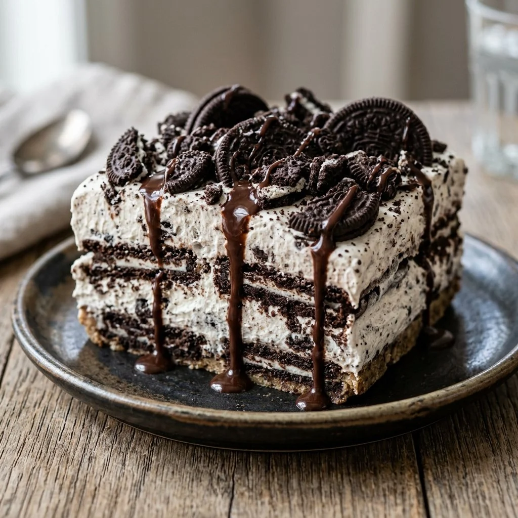 Delicious Oreo Icebox Cake layered with creamy frosting and chocolate cookies.