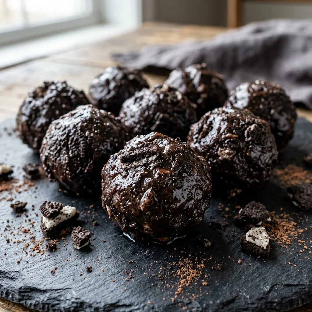 Delicious homemade Oreo truffles drizzled with chocolate for a sweet treat.