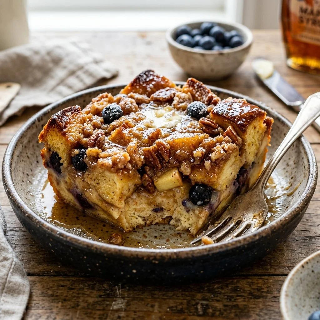 Delicious Overnight French Toast Casserole topped with syrup and fresh berries.