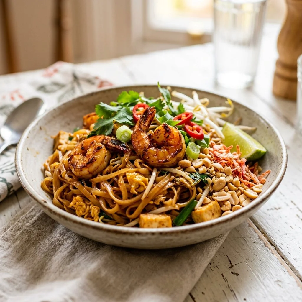 Delicious homemade Pad Thai served with lime and peanuts