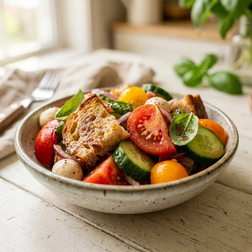 Colorful Panzanella Salad featuring tomatoes, bread, cucumbers, and basil.