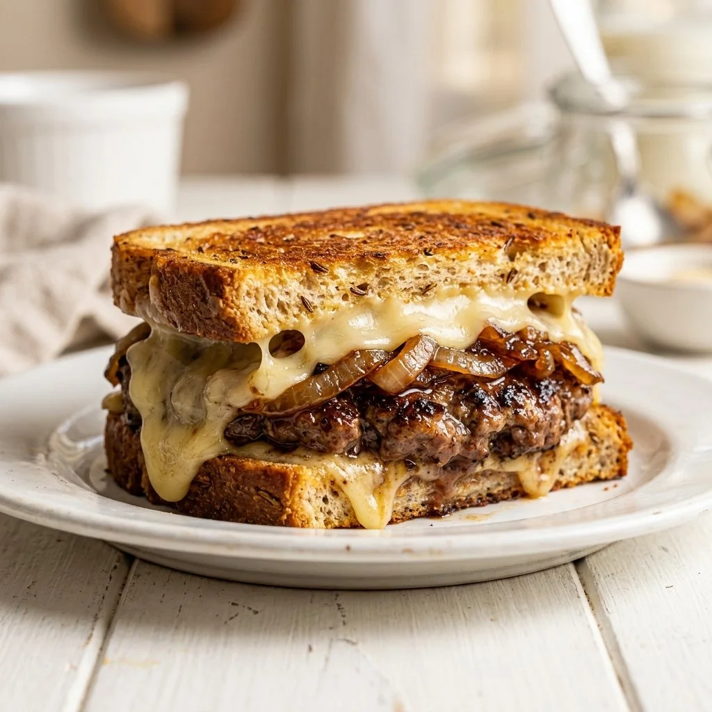 A delicious homemade patty melt sandwich featuring beef, cheese, and onions