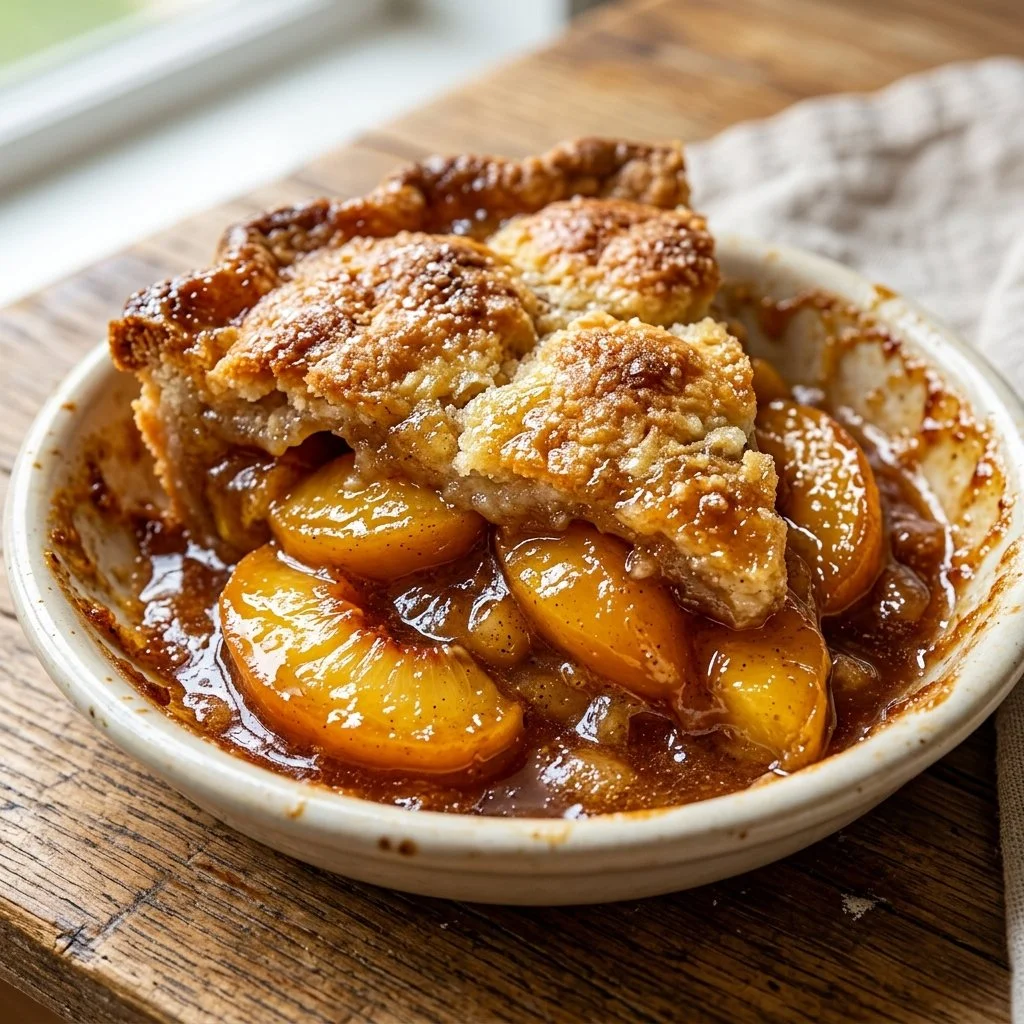 Delicious homemade Peach Cobbler served in a rustic dish