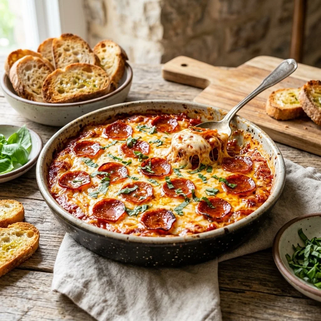 Bowl of creamy Pepperoni Pizza Dip garnished with pepperoni slices and herbs