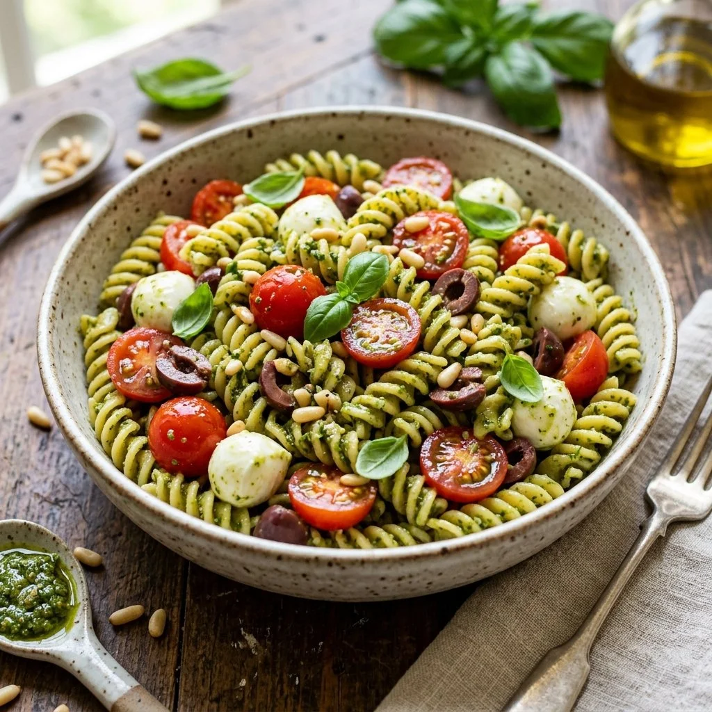 Fresh pesto pasta salad with vegetables, perfect summer dish