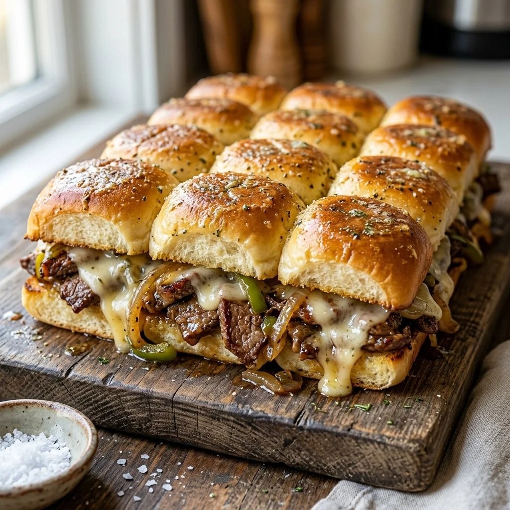 Delicious Philly cheesesteak sliders topped with melted cheese and sautéed peppers.