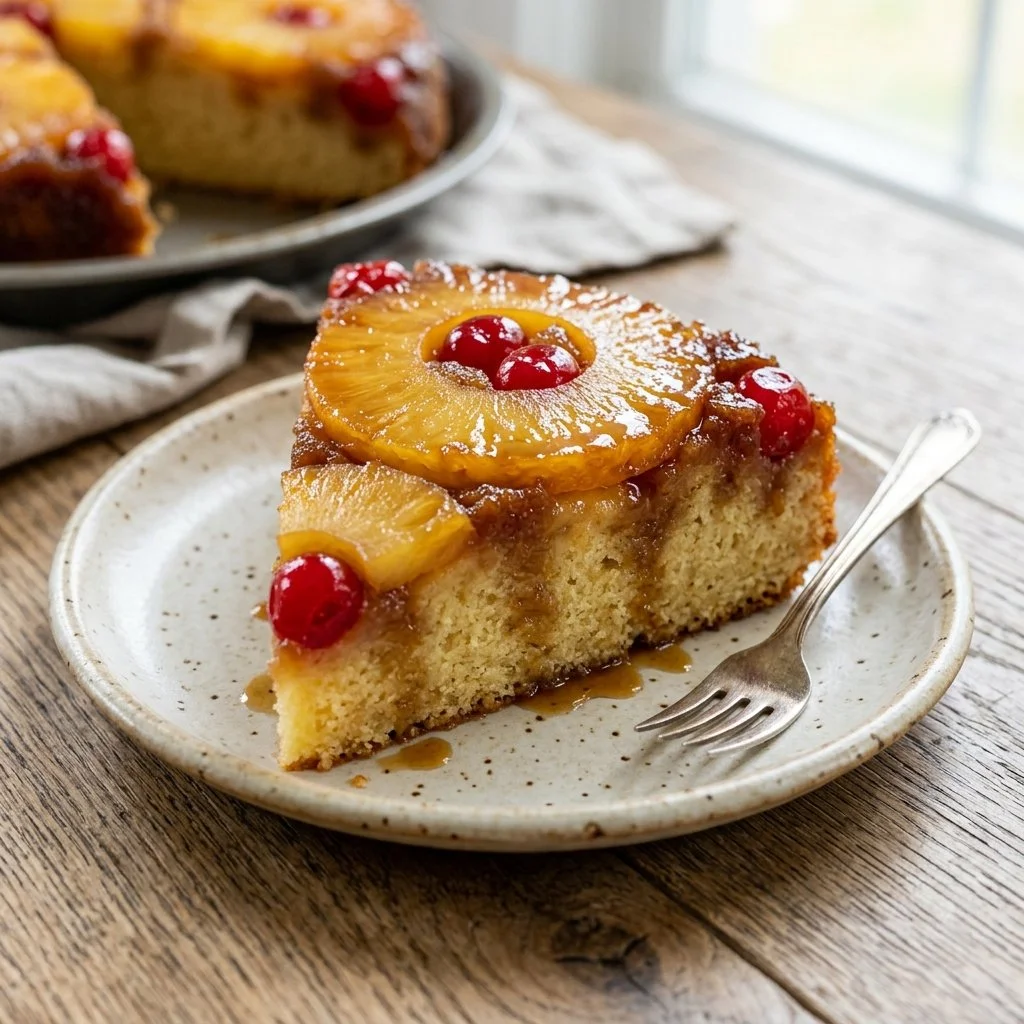 Delicious Pineapple Upside Down Cake with caramelized pineapple topping
