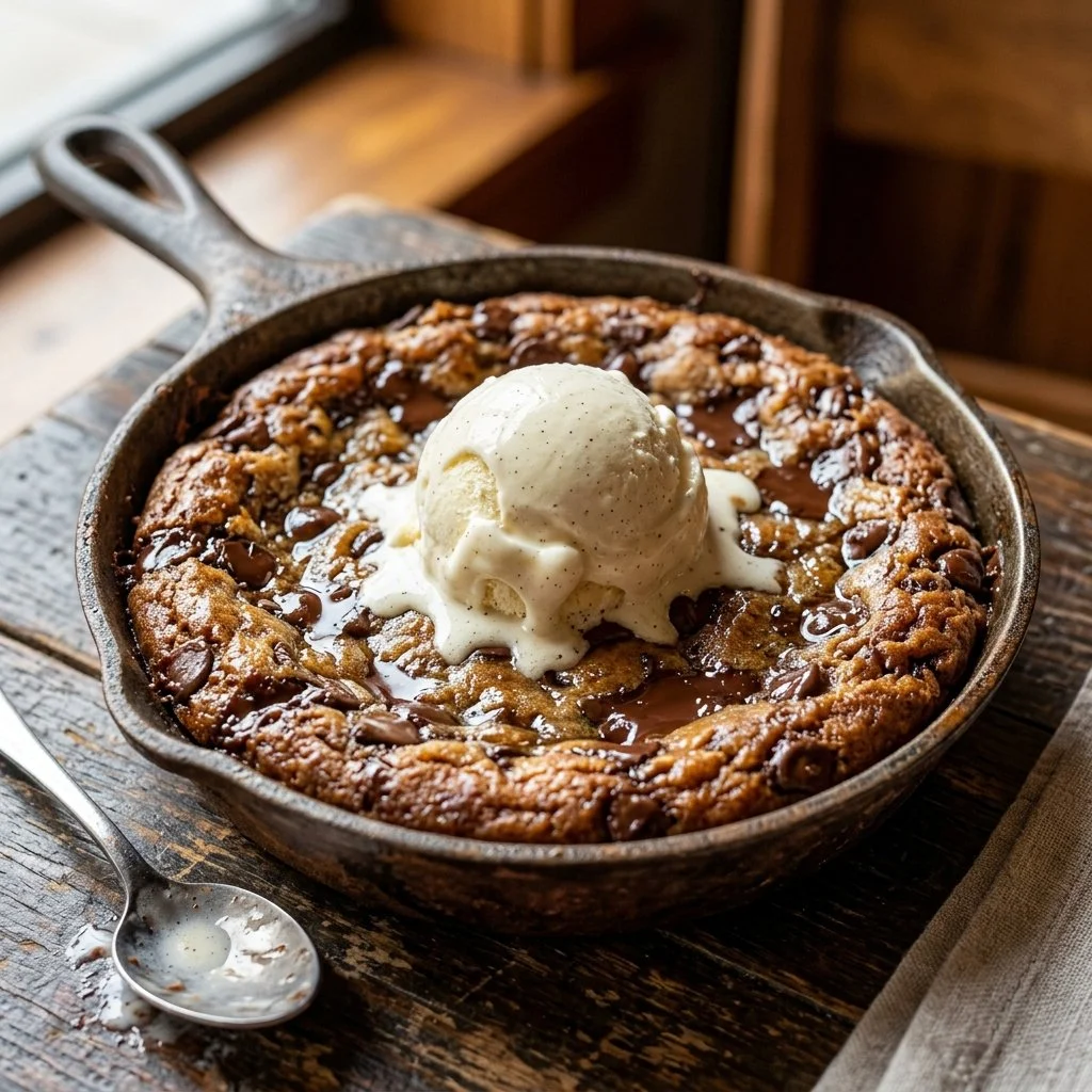 Delicious Pizookie dessert topped with ice cream