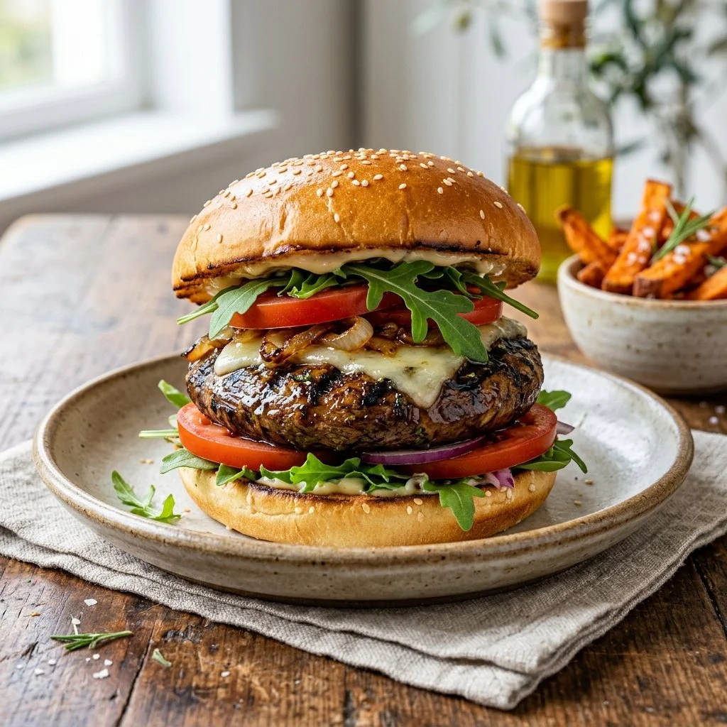 Delicious Portobello mushroom burgers served on a wooden plate with fresh ingredients.