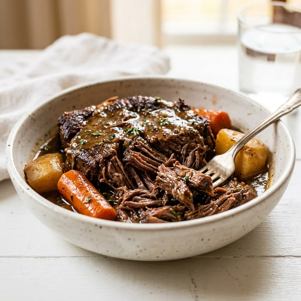 Delicious pot roast served with vegetables and gravy on a plate