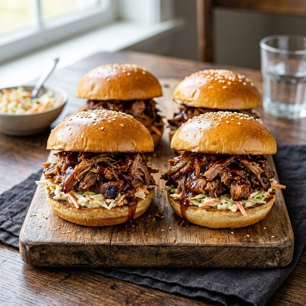 Delicious homemade pulled pork sliders served on a platter.