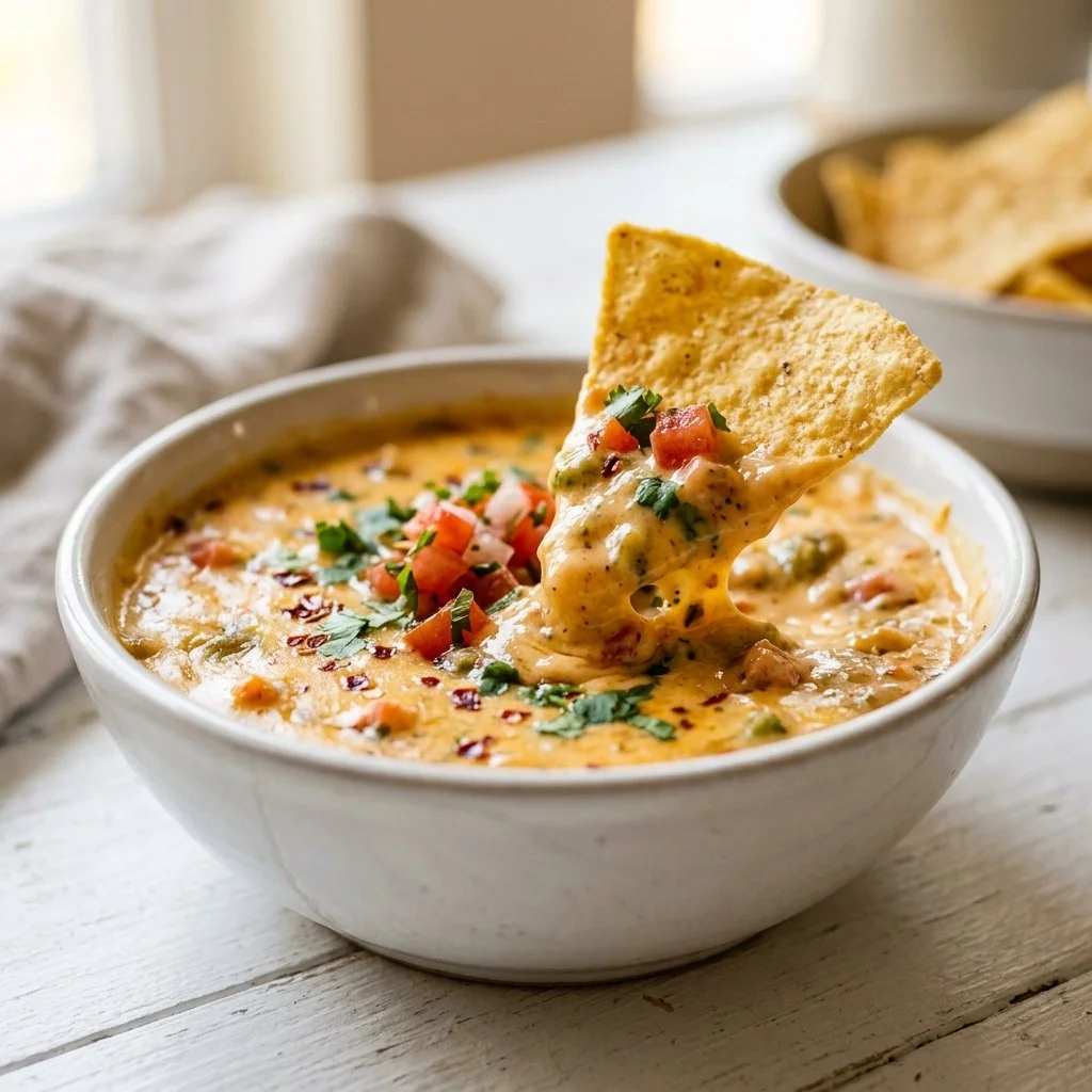 Delicious homemade queso dip served with tortilla chips