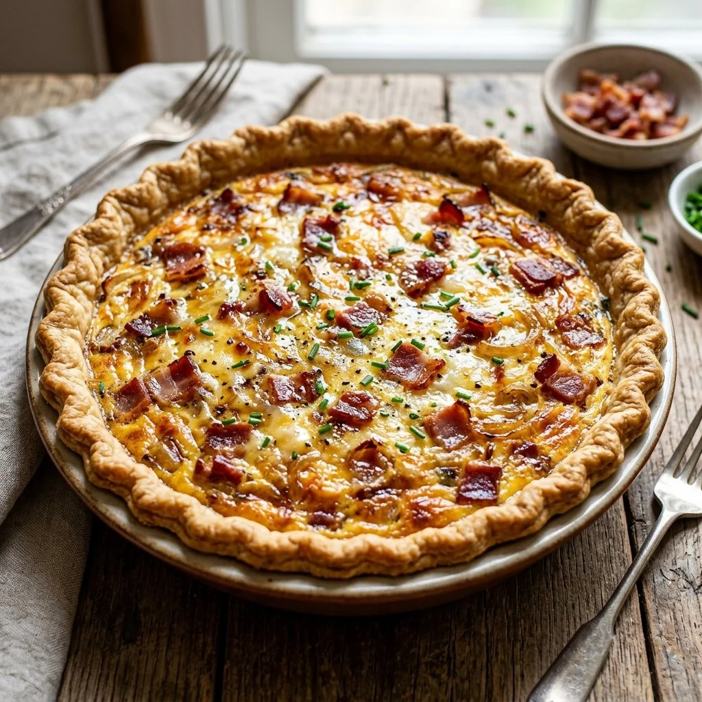Delicious slice of Quiche Lorraine garnished with fresh herbs