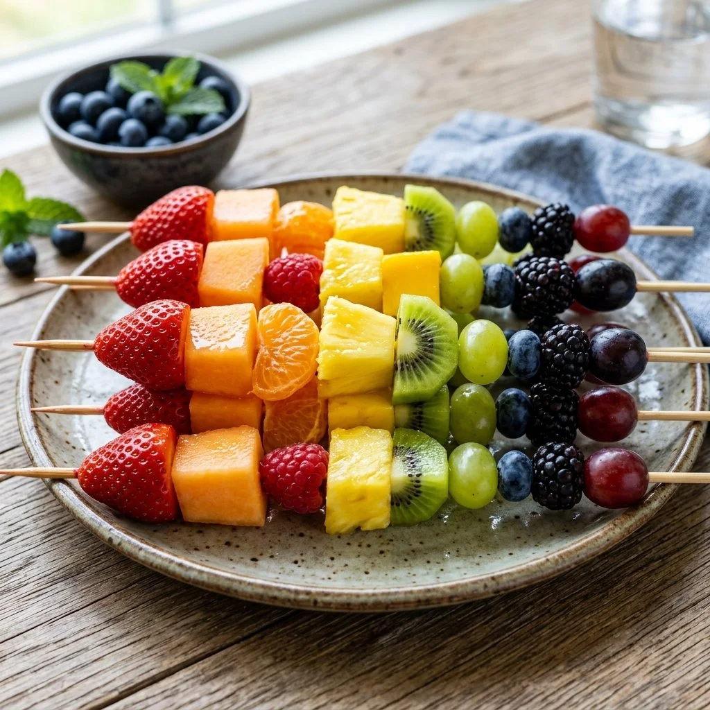Vibrant rainbow fruit kabobs with assorted fresh fruits on skewers