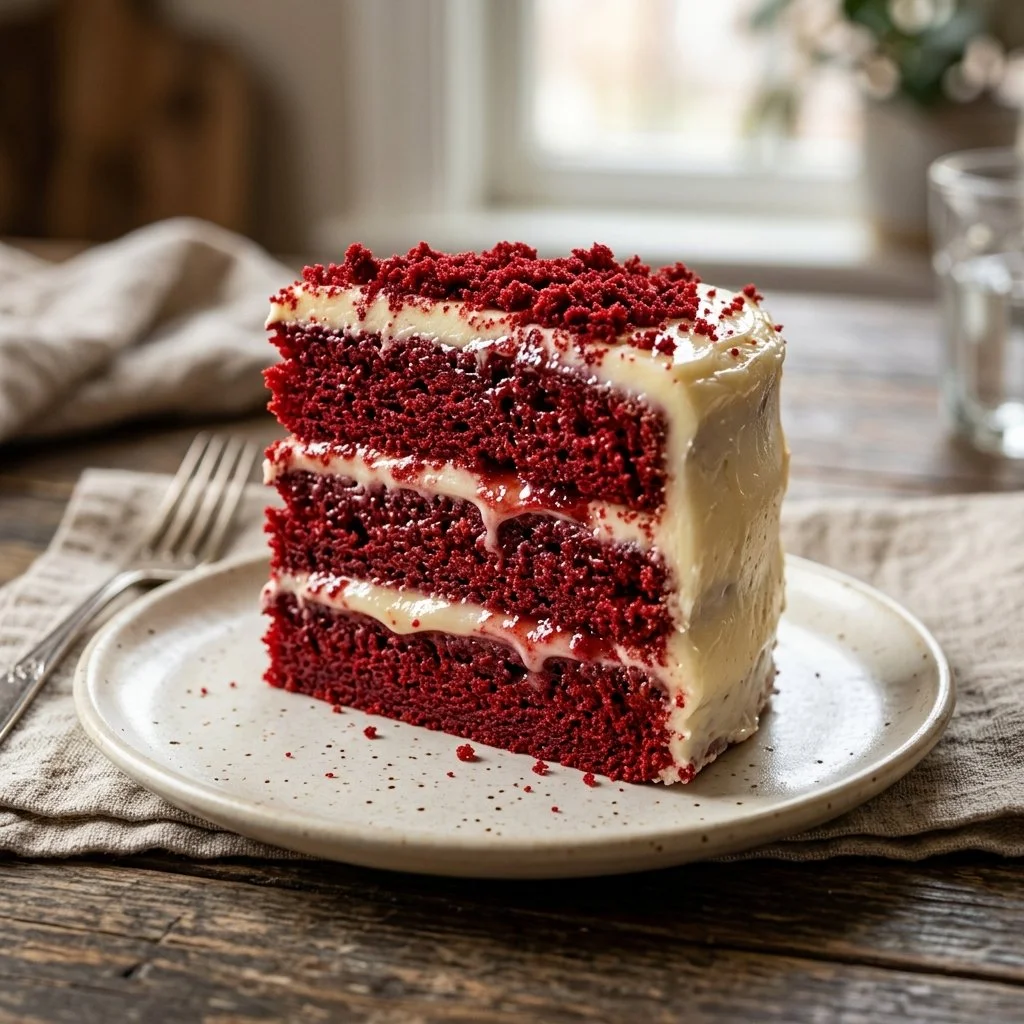 Gorgeous slice of Red Velvet Cake with cream cheese frosting on a white plate