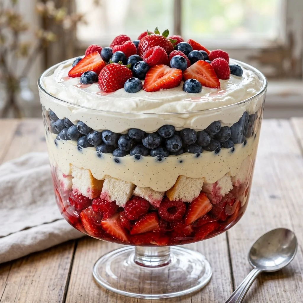 Red white and blue trifle dessert layered with fruits and cream