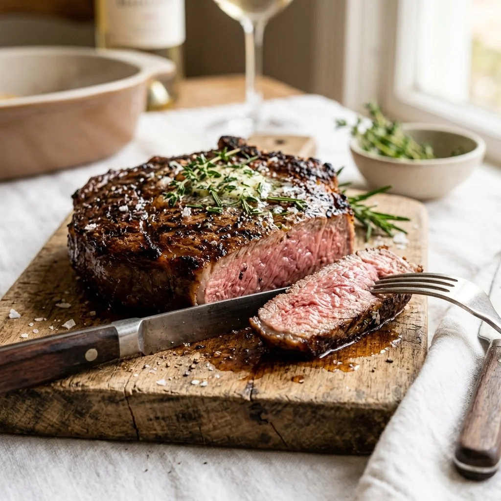Cooked ribeye steak on a plate with herbs and spices