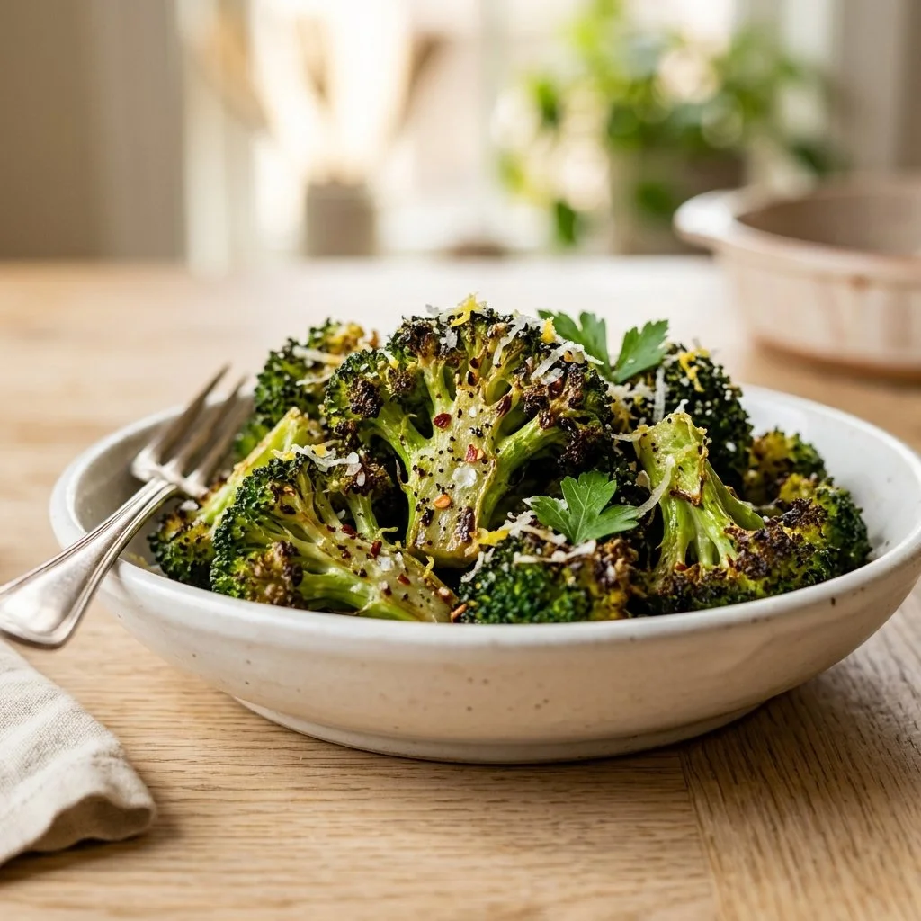 Deliciously roasted broccoli on a serving plate