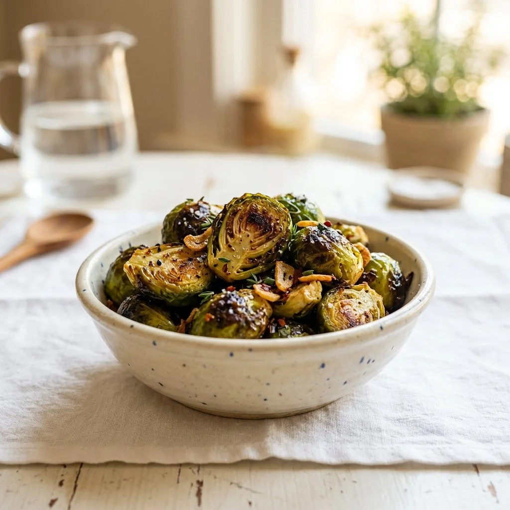 Delicious roasted Brussels sprouts recipe freshly made and served