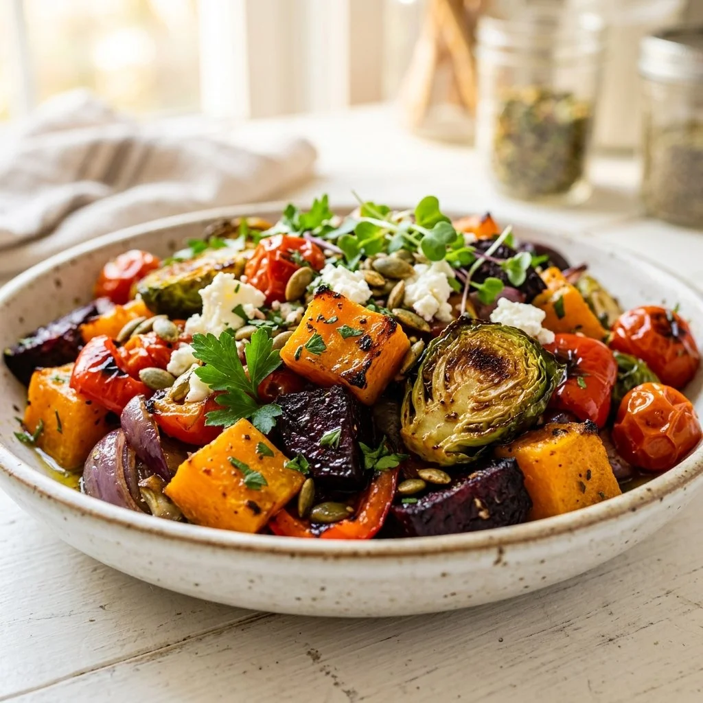 Colorful roasted vegetable salad with fresh greens and vinaigrette