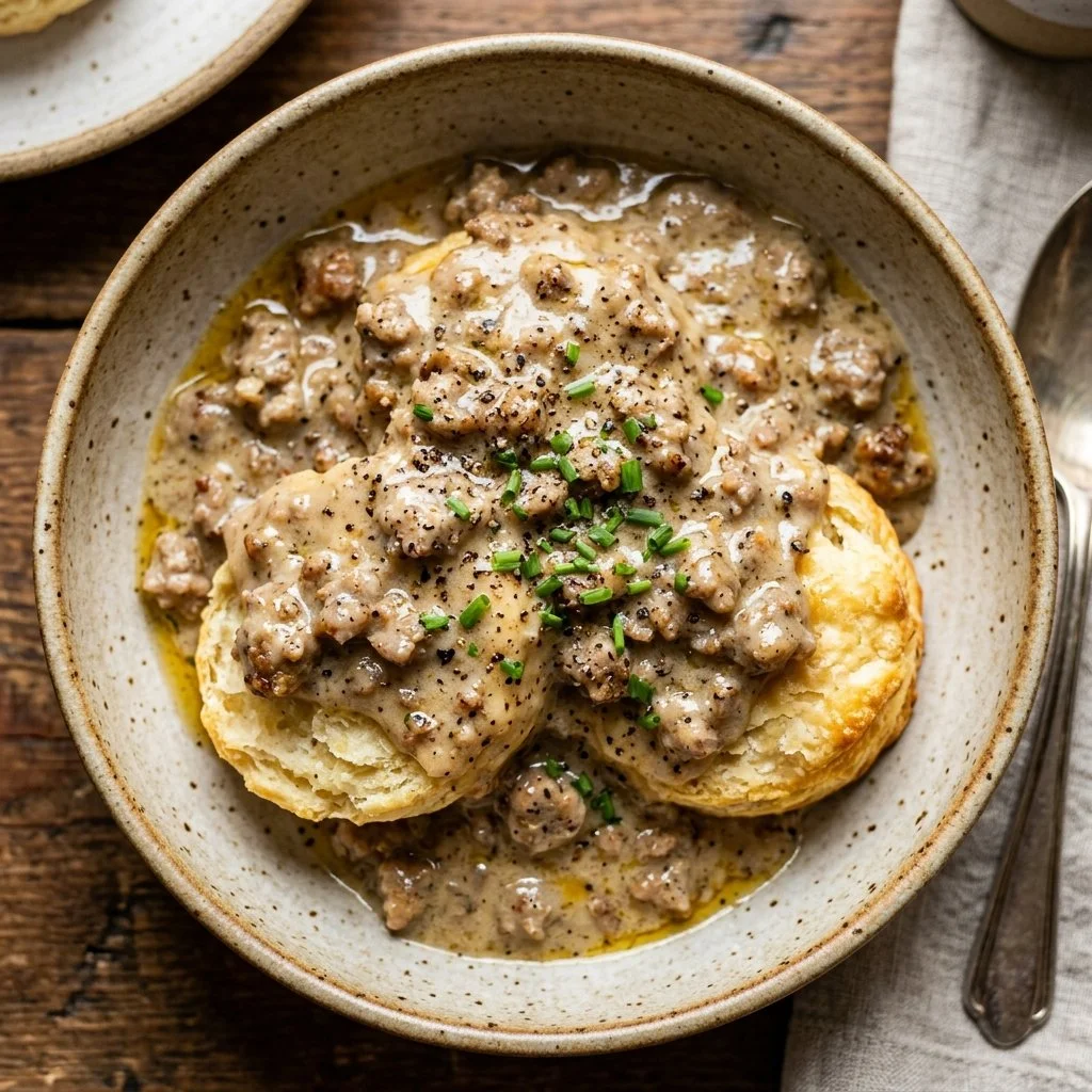 Delicious sausage gravy served over freshly baked biscuits