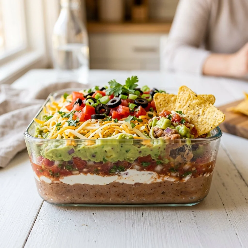 Delicious seven layer dip served in a bowl with tortilla chips