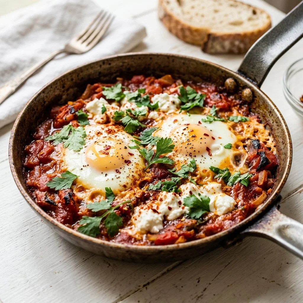 Delicious shakshuka with poached eggs and vibrant tomato sauce