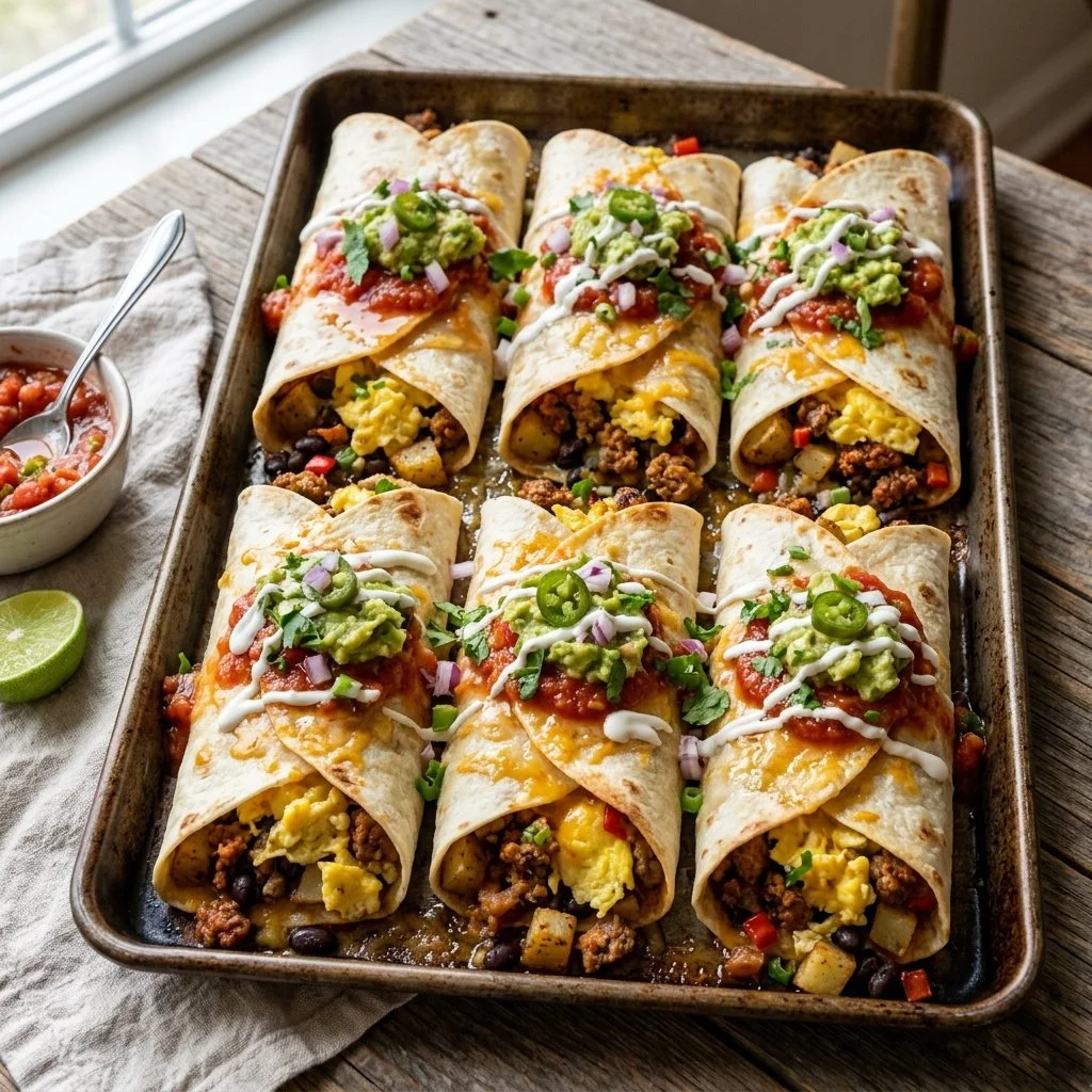 Sheet Pan Breakfast Burritos filled with eggs, cheese, and veggies on a baking sheet.