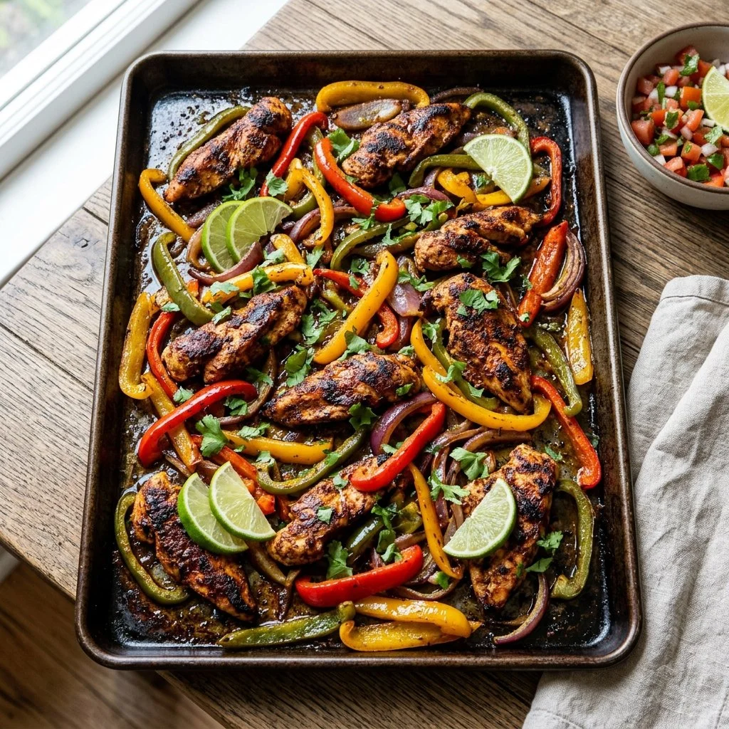 Sheet pan featuring colorful chicken fajitas with peppers and onions