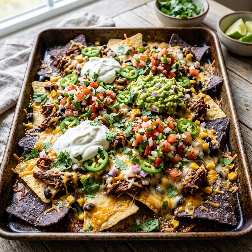 Delicious sheet pan nachos topped with cheese, jalapeños, and salsa