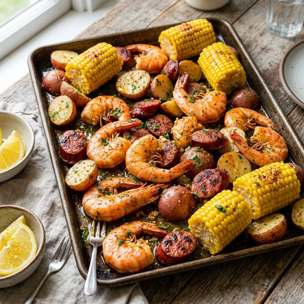 Delicious Sheet Pan Shrimp Boil with shrimp, corn, potatoes, and spices