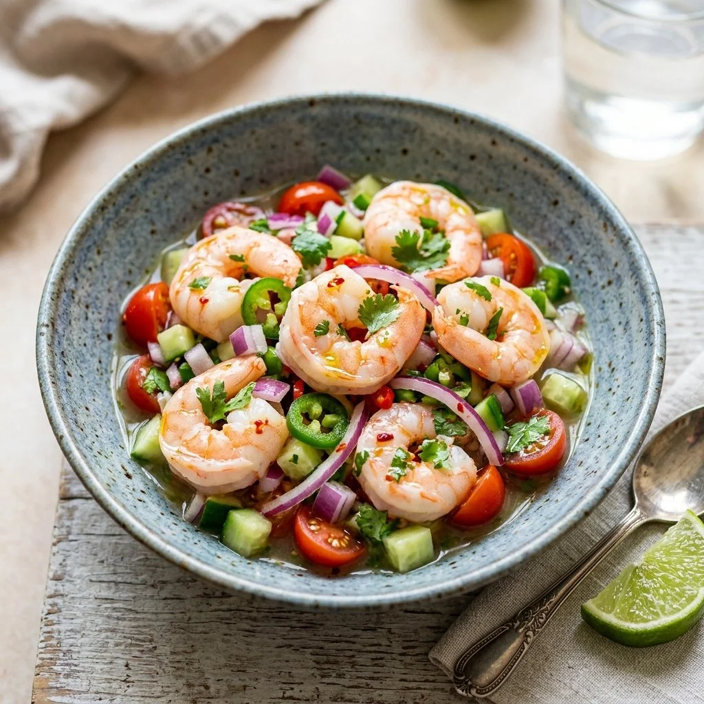 Fresh shrimp ceviche served with lime and vegetables