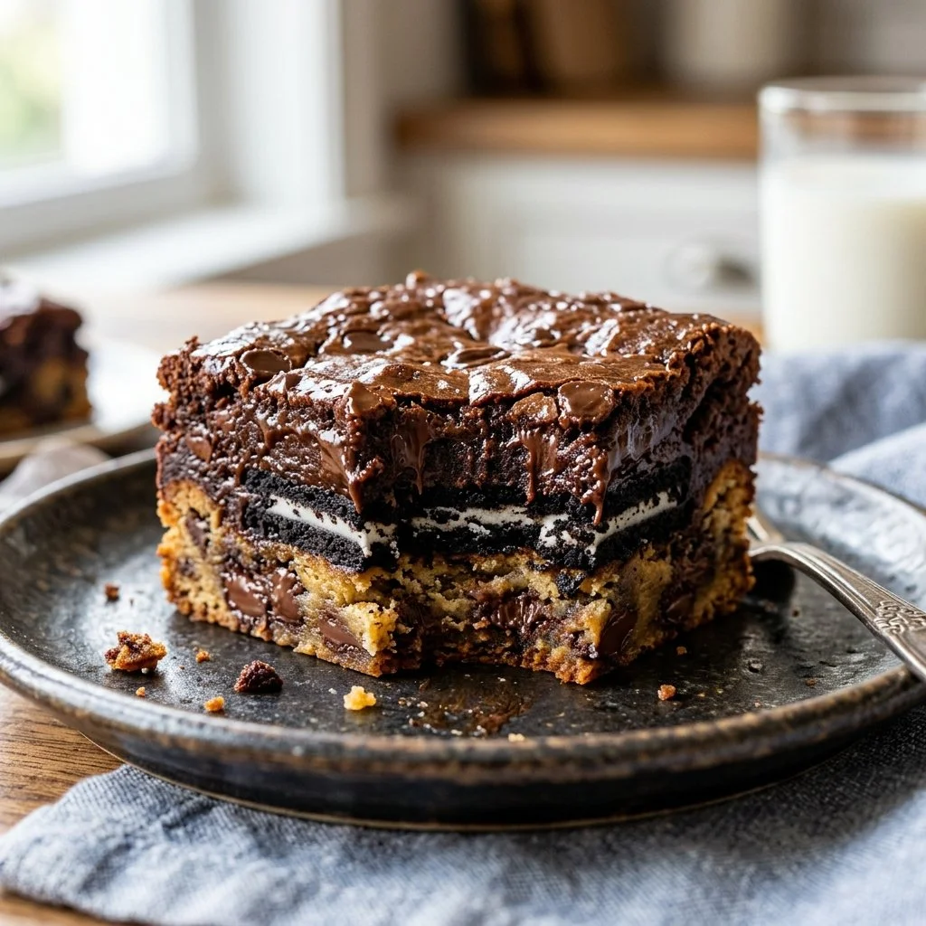 Deliciously layered slutty brownies with cookie and brownie mix