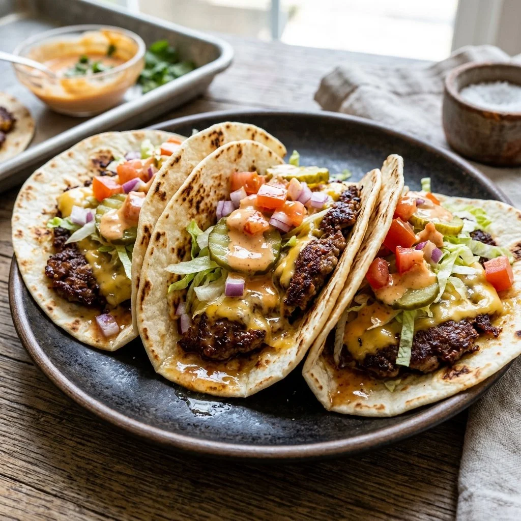 Delicious smash burger tacos served with fresh toppings and vibrant ingredients.