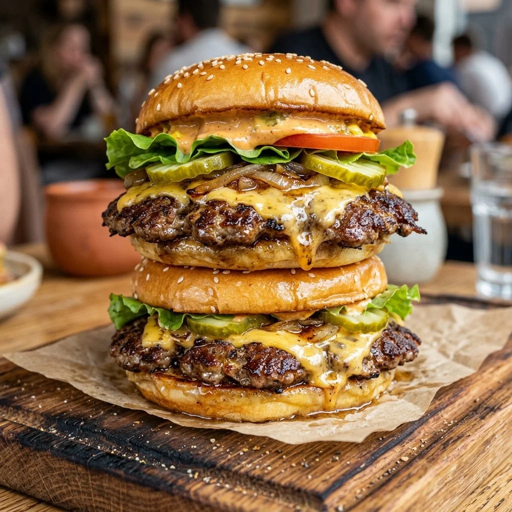 Delicious and juicy smash burgers with toppings and sides