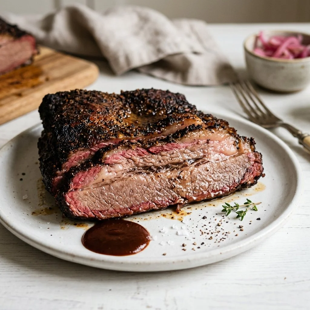 Delicious smoked brisket cooked to perfection with spices and a beautiful bark