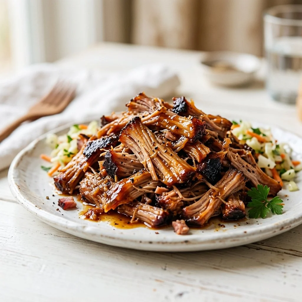 Delicious smoked pulled pork served with barbecue sauce and buns