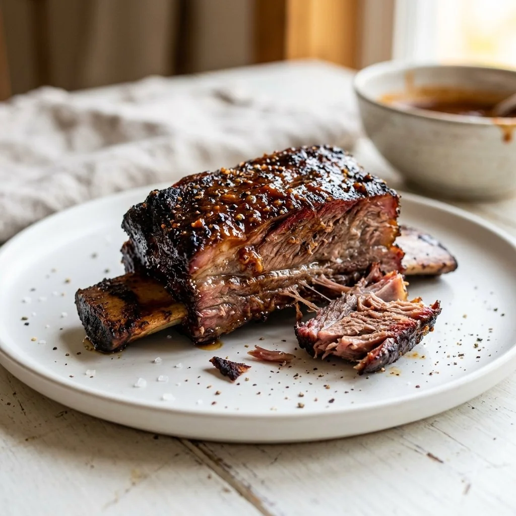Delicious smoked ribs served with barbecue sauce and sides