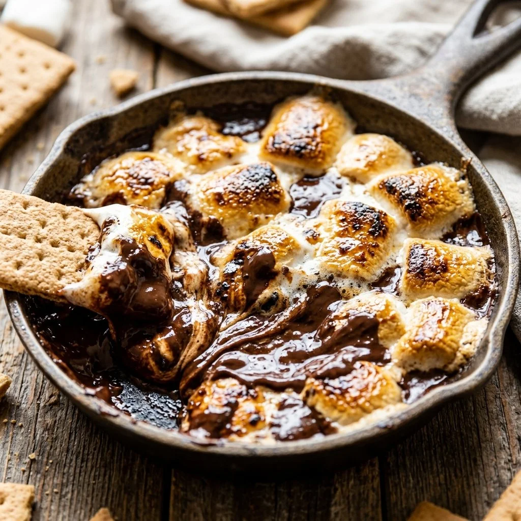 Delicious S'mores Dip served with graham crackers and chocolate toppings.