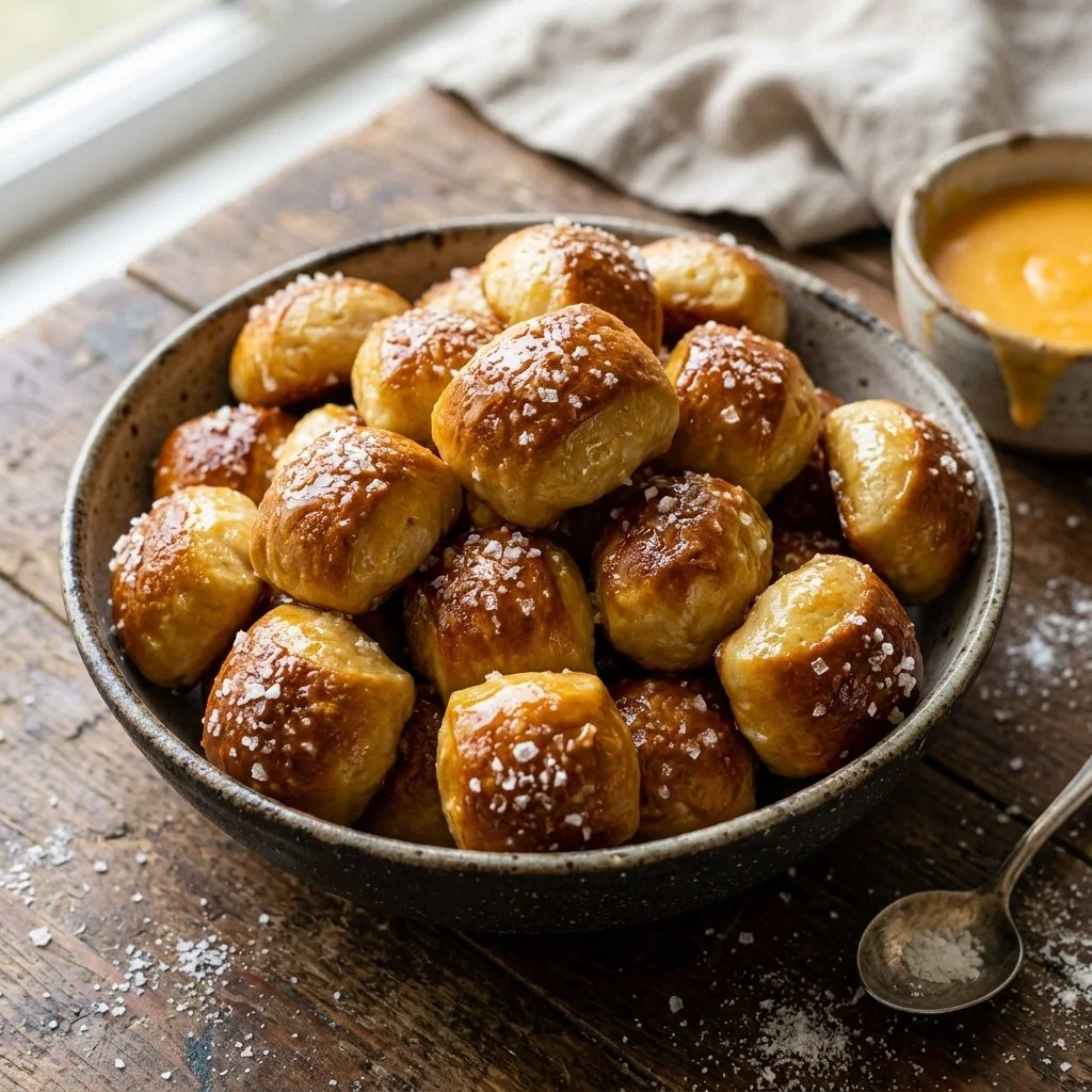Freshly baked soft pretzel bites served with dipping sauces