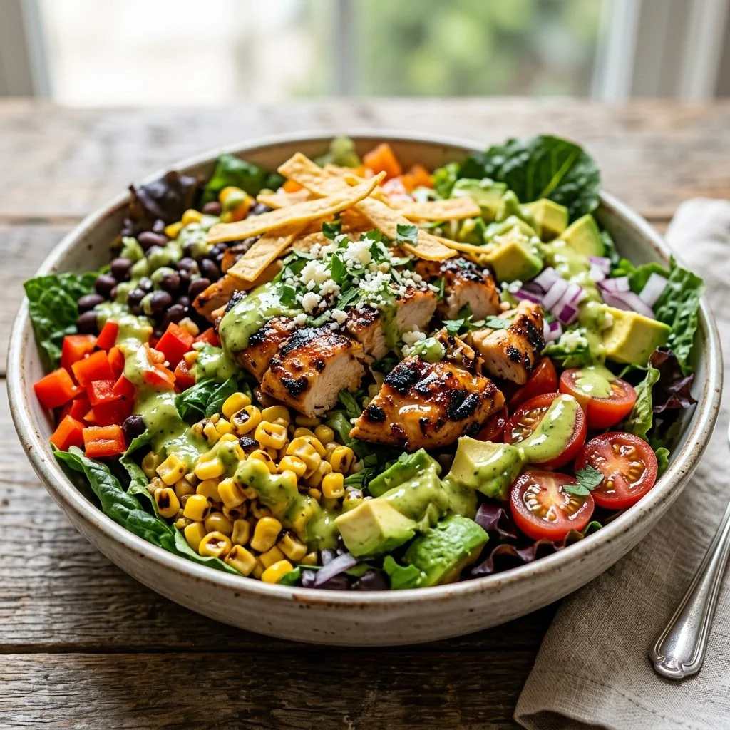 Colorful Southwest Chicken Salad with grilled chicken, veggies, and dressing