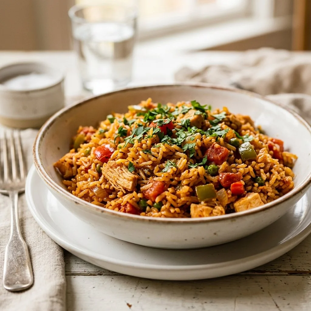 Delicious homemade Spanish rice garnished with herbs and spices