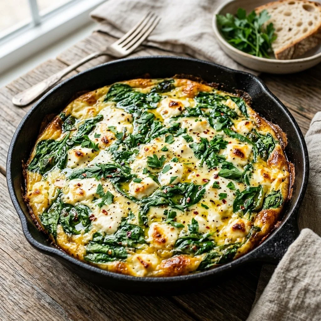 Delicious spinach and feta frittata served in a dish