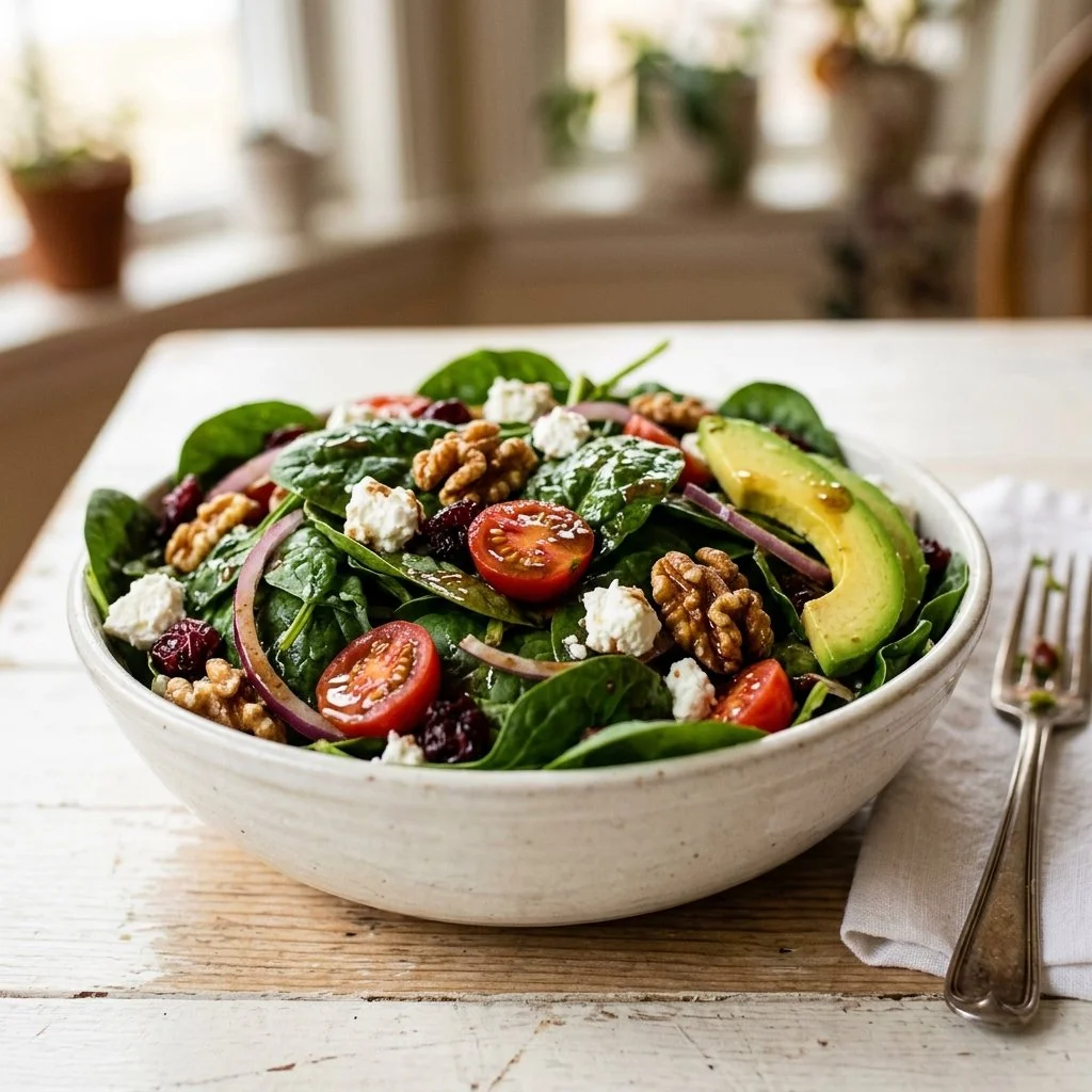 Fresh spinach salad with colorful vegetables and dressing