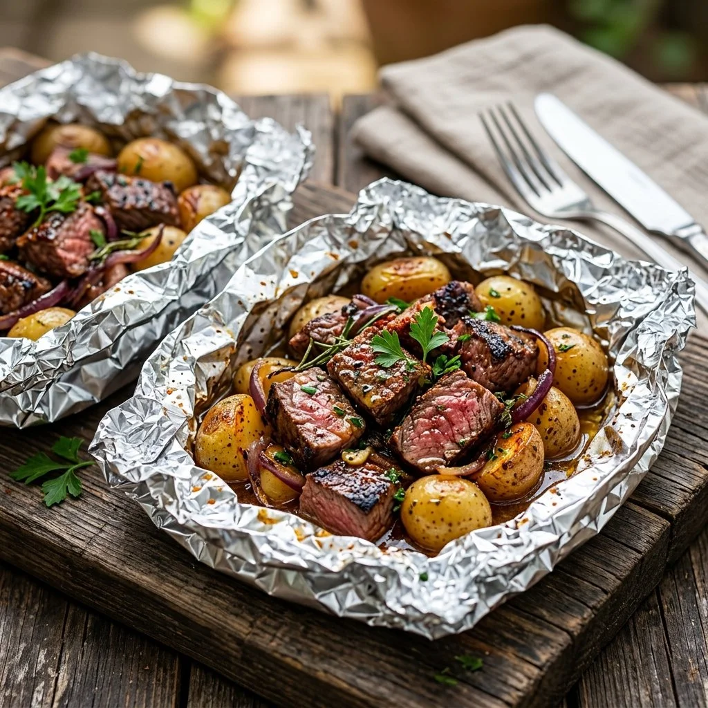 Steak and Potato Foil Packets ready for grilling, featuring tender steak and seasoned potatoes.